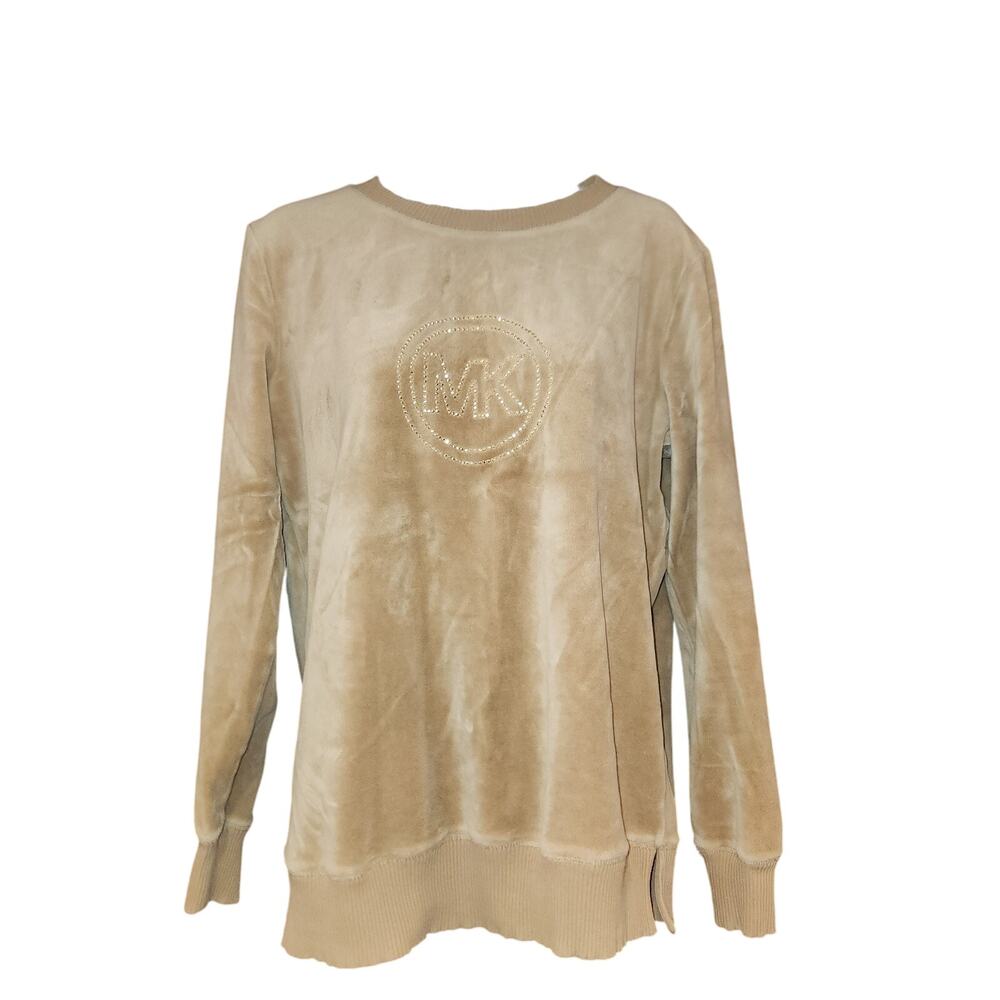 EUC Michael Kors Tan Velour Velvet Long Sleeve Vintage Shirt MK Gemstones Sz Med
